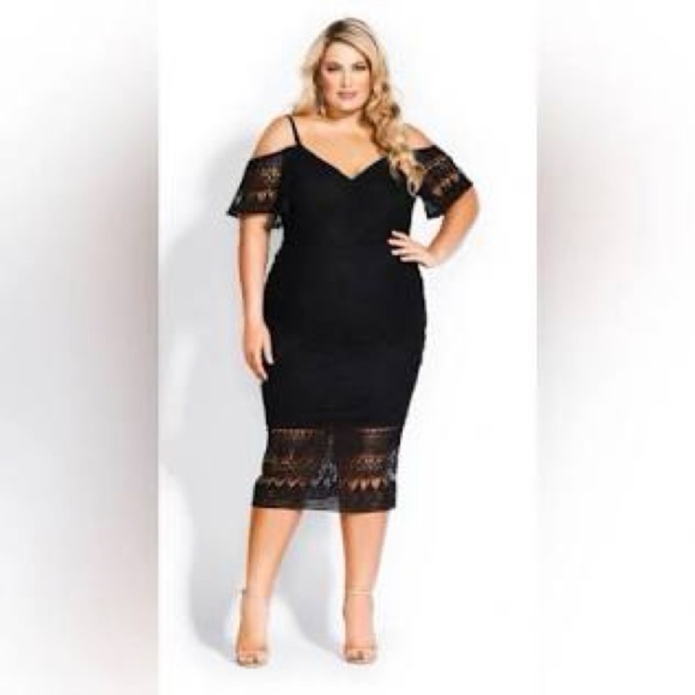 City Chic Impressions Black Lace Dress Sz 18 Plus Sz Off Shoulder Midi Cocktail